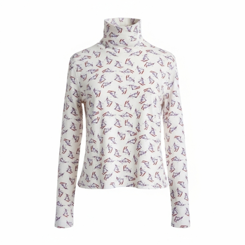 Jones New York Sport Mock Turtleneck Shirt White Snowman Ski Vintage Size M